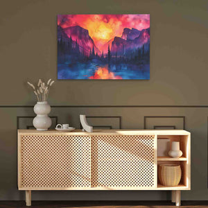 a painting hanging on a wall above a wooden cabinet
