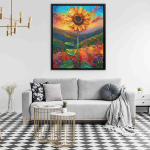 a living room with a couch and a painting on the wall