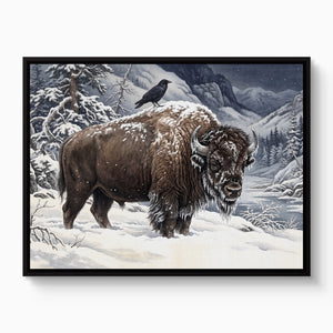 Bison Winter Gaze โ bison winter gaze white studio framed black