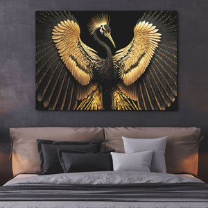Black and Gold Crane - Black Wall Art