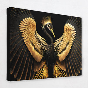 Black and Gold Crane - Animals Canvas Wall Art