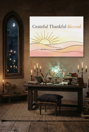 Blessed Desert Sunrise โ blessed desert sunrise p desk with globe and books 1land flush print