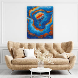 Blue Gold Hot Air Balloon - Coastal Wall Art in Black Frame