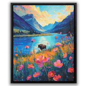 Bull Prairie - Watercolor Wall Art in Black Frame