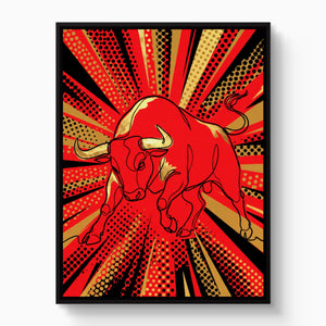 Bull Red Charge — bull red charge white studio framed black