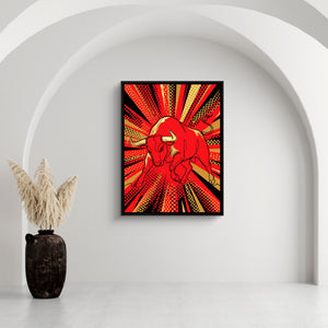 Bull Red Charge — bull red charge sq white wall 1port framed black