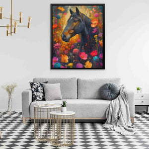 a living room with a couch and a painting on the wall