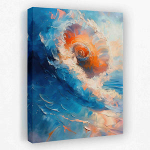 a painting of a large orange and blue wave