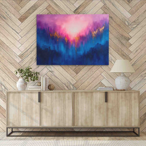 a painting hanging on a wall next to a sideboard