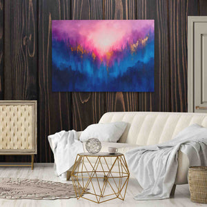 a living room with a couch and a painting on the wall