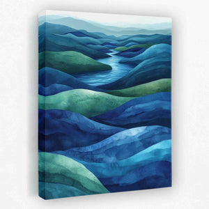 a painting of a river flowing through a valley