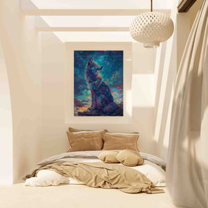 a painting of a wolf on a wall above a bed