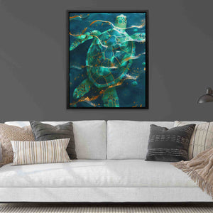 a living room with a couch and a painting on the wall