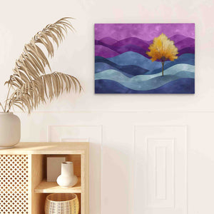 a painting of a yellow tree on a purple background
