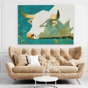 a living room with a couch and a cow painting on the wall