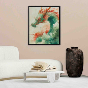 a living room with a white couch and a painting on the wall