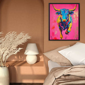 Charging Electric Bull - Modern Wall Art in Black Frame