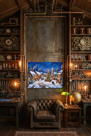 Christmas Village Snowfall โ christmas village snowfall p steampunk themed room interior 1land flush print