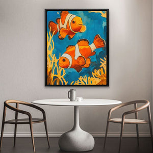 Clownfish Reef Wander - Coastal Wall Art in Black Frame