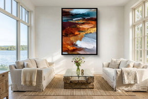 Coastal Tides Ink Wash โ coastal tides ink wash living room with couches 1port framed black
