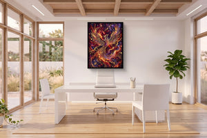 Cosmic Phoenix Soaring โ cosmic phoenix soaring office space with desk 3 1port framed black