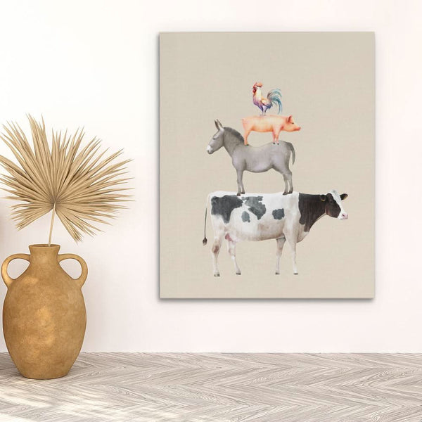 Cow Donkey Pig Chicken in a room