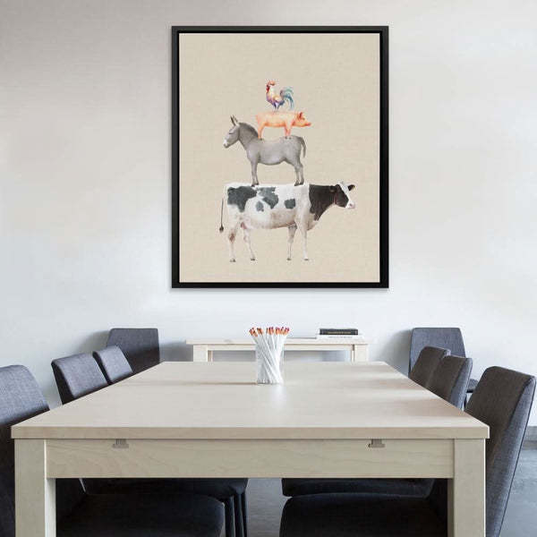 Cow Donkey Pig Chicken in a room