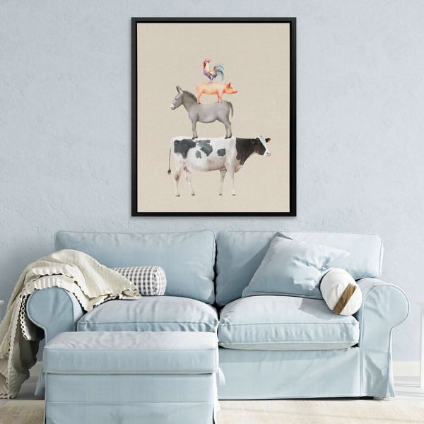 Cow Donkey Pig Chicken in a room