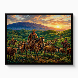 Cowboys Herding Sunset — cowboys herding sunset white studio framed black