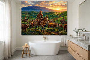 Cowboys Herding Sunset — cowboys herding sunset bathroom interior with tub 2 1land flush print