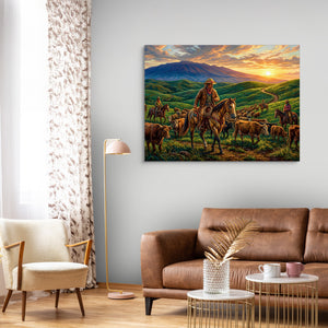 Cowboys Herding Sunset — cowboys herding sunset sq curtains 1land flush print