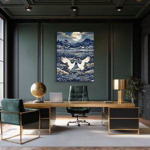 Cranes Dancing Moonlight โ cranes dancing moonlight sq green office room 1port flush print