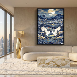 Cranes Dancing Moonlight โ cranes dancing moonlight sq white gold lux 1port framed black