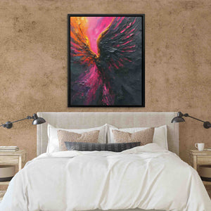 a bedroom with a large bed and a painting on the wall