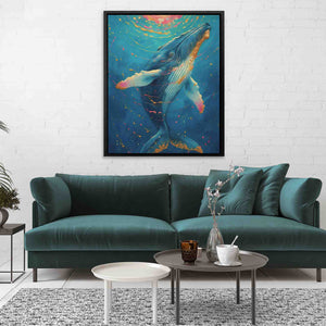 a living room with a couch and a painting on the wall