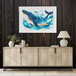 a painting of a whale on a wooden wall