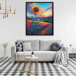 a living room with a couch and a painting on the wall