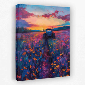 a painting of a tractor in a field of flowers