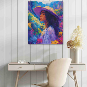 a painting of a woman wearing a purple hat