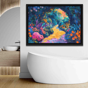 a bathroom with a tub and a painting on the wall