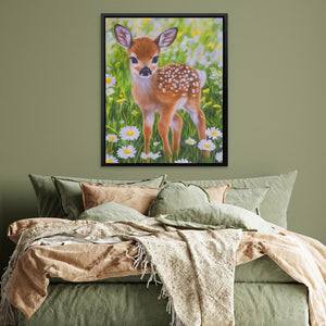 Doe in Daisies - Deer Wall Art in Black Frame