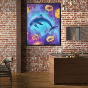 Dolphin and Jellies - Large Canvas Print