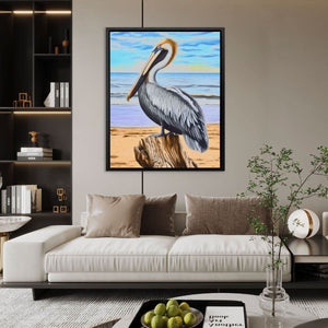 Driftwood Pelican Perch - Bird Wall Art in Black Frame