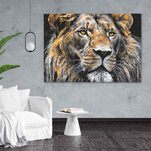 Dripping Gold Lion - Black Gold and White Wall Art in Black Frame