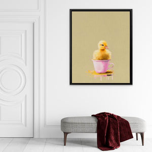Duckling In Pink Cup - Duck Wall Art in Black Frame