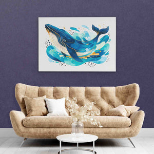 a living room with a couch and a painting on the wall