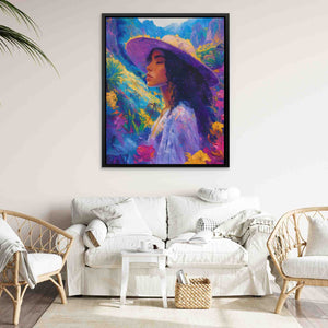 a painting of a woman with a hat in a living room