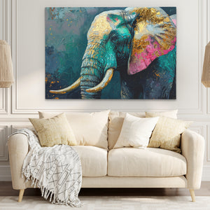a painting of an elephant on a wall above a couch