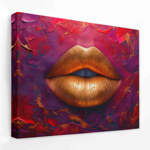 a painting of a gold lip on a purple background