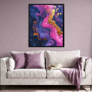 a living room with a couch and a painting on the wall